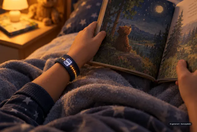 KI-generiertes Konzeptbild: Kind liest abends im Bett, auf dem Band leuchtet ein Buch mit bernsteinfarbenen Lichtpunkten.