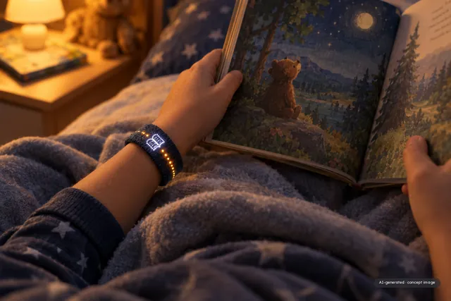 AI-generated concept image: A child reading in bed in the evening, with a book symbol and amber dots of light glowing on the band.
