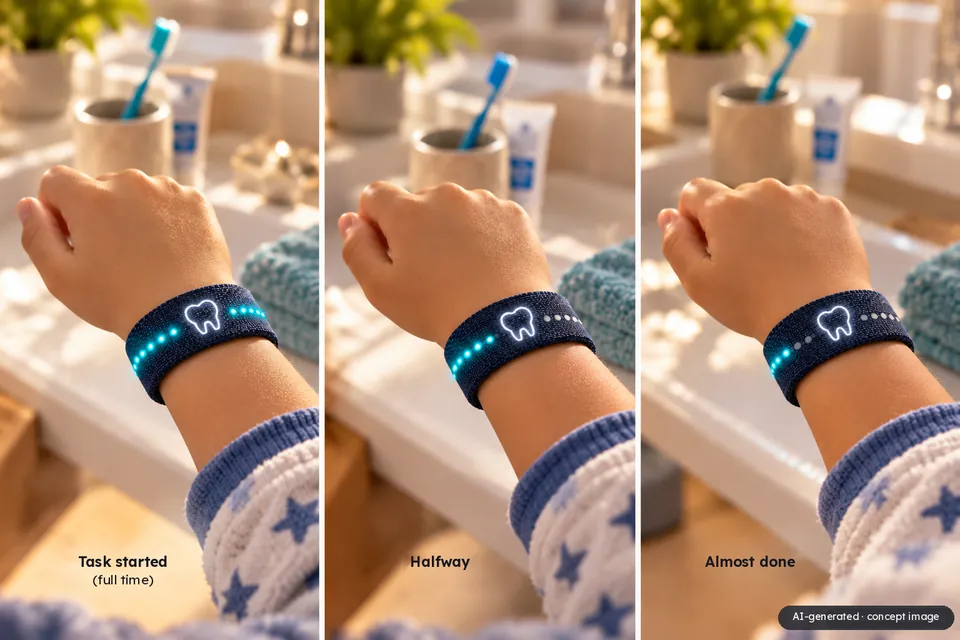 AI-generated concept image: The same wrist three times while brushing teeth: at first all the dots of light are lit, at halfway only half of them, and just before the end only a few.