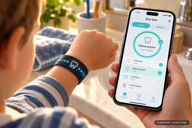 AI-generated concept image: A child brushing their teeth, with the band and its tooth symbol glowing on their wrist and a phone showing the task in the app in their other hand.