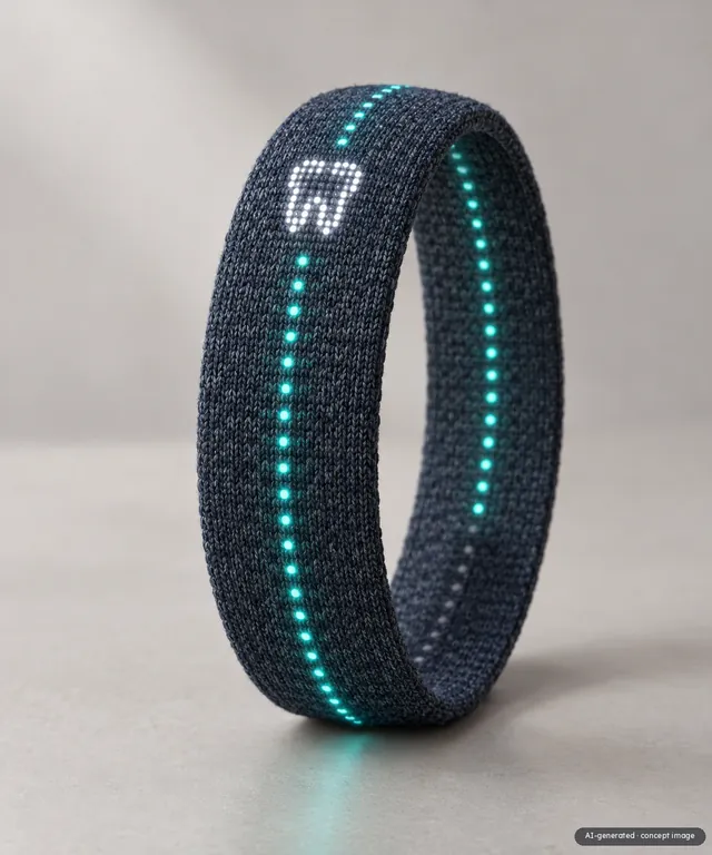AI-generated concept image: Dark blue knitted band standing upright as a loop. A row of turquoise dots of light runs all the way round, and a tooth symbol glows on top.