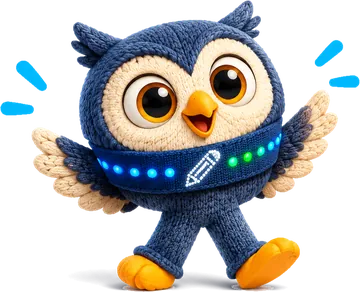 AI-generated illustration: The knitted One Task owl. Around its neck it wears a light-up band as a scarf, with a glowing pencil on it.