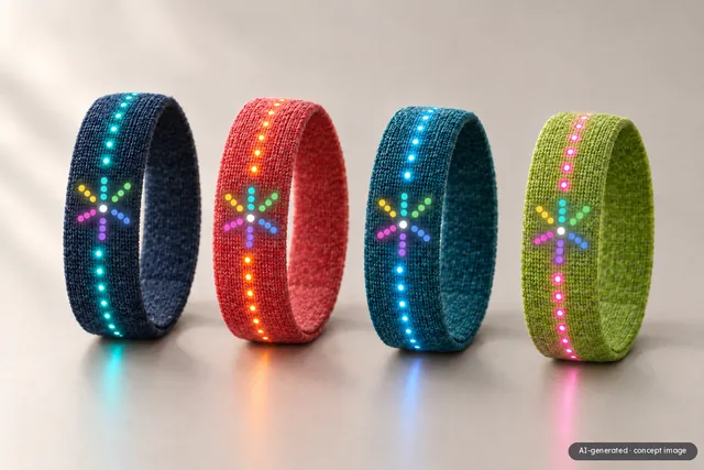 AI-generated concept image: Four light-up bands side by side in navy, coral, teal and lime, each glowing with colourful fireworks.