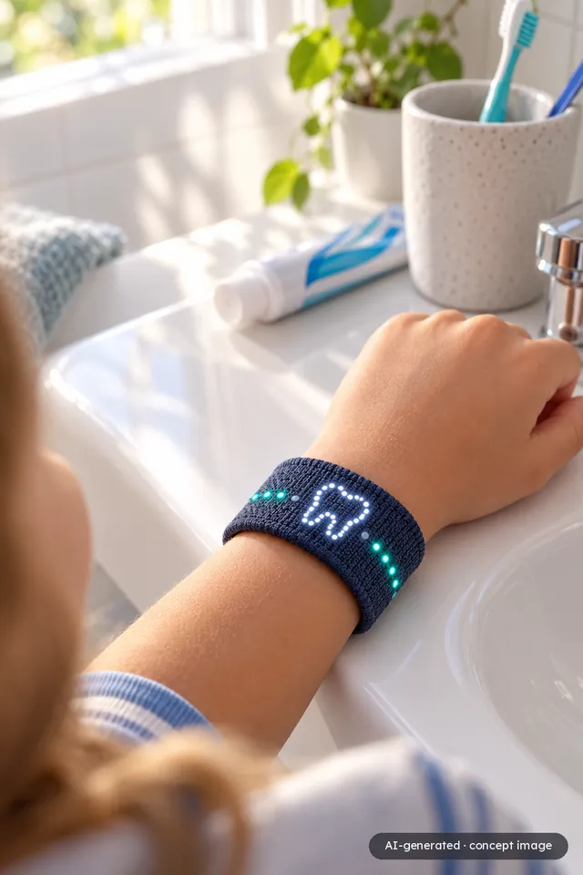 AI-generated concept image: Looking over a child’s shoulder at their wrist by the bathroom sink. A tooth glows on the dark blue knitted band, next to turquoise dots of light.