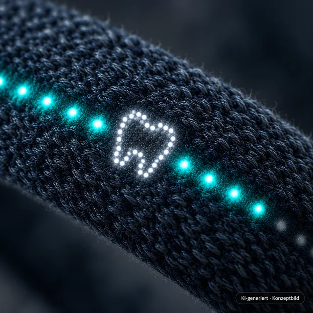 KI-generiertes Konzeptbild: Nahaufnahme des Strickbands: Durch das Gewebe leuchten ein weißer Zahn und eine Reihe türkiser Lichtpunkte.