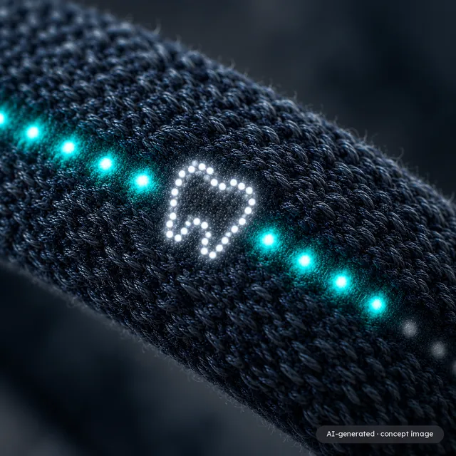 AI-generated concept image: Close-up of the knitted band: a white tooth and a row of turquoise dots of light glow through the fabric.
