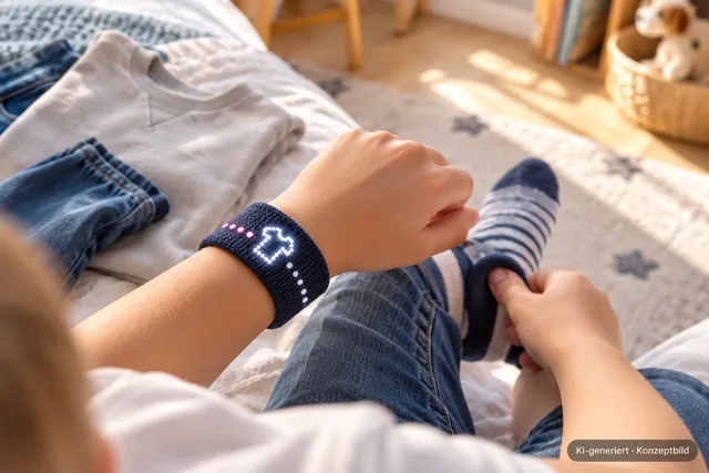 KI-generiertes Konzeptbild: Kind zieht sich Socken an, auf dem Band leuchtet ein T-Shirt mit pinken Lichtpunkten.