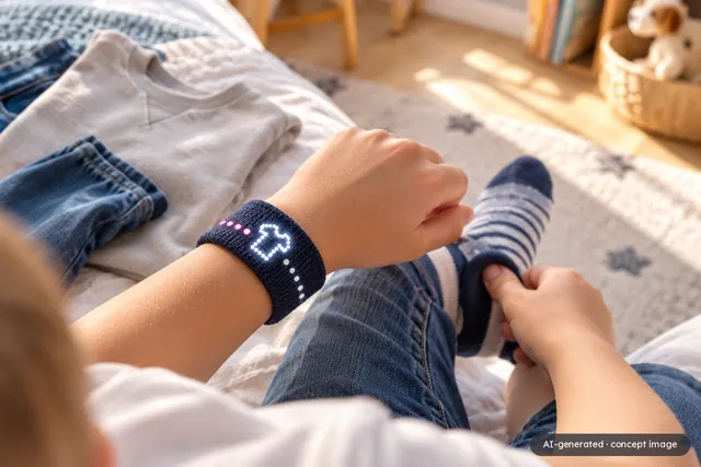 AI-generated concept image: A child putting on socks, with a T-shirt symbol and pink dots of light glowing on the band.